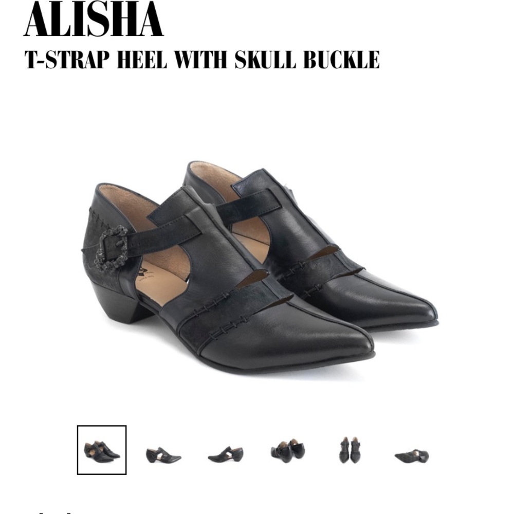 John Fluevog Alisha Black T-Strap Heel with Skull Buckle